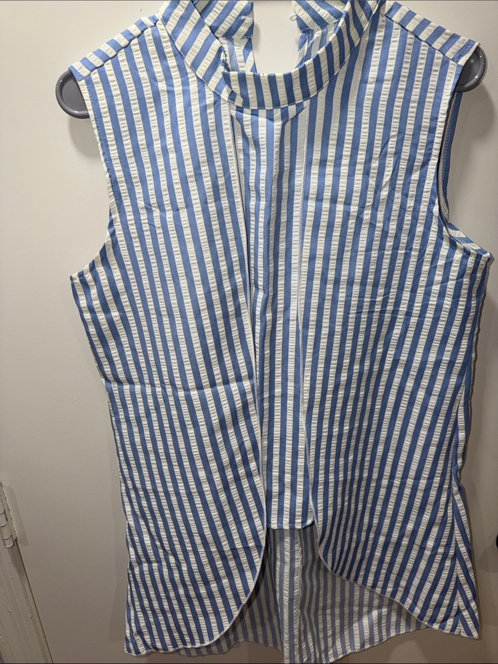 Sleeveless Blue and White Striped Mock Neck Blouse